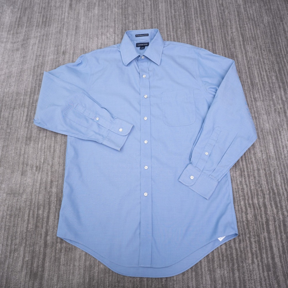 Lands' End Dress Shirt Mens 15-33 Blue Excellent No Iron Pinpoint Oxford Cotton